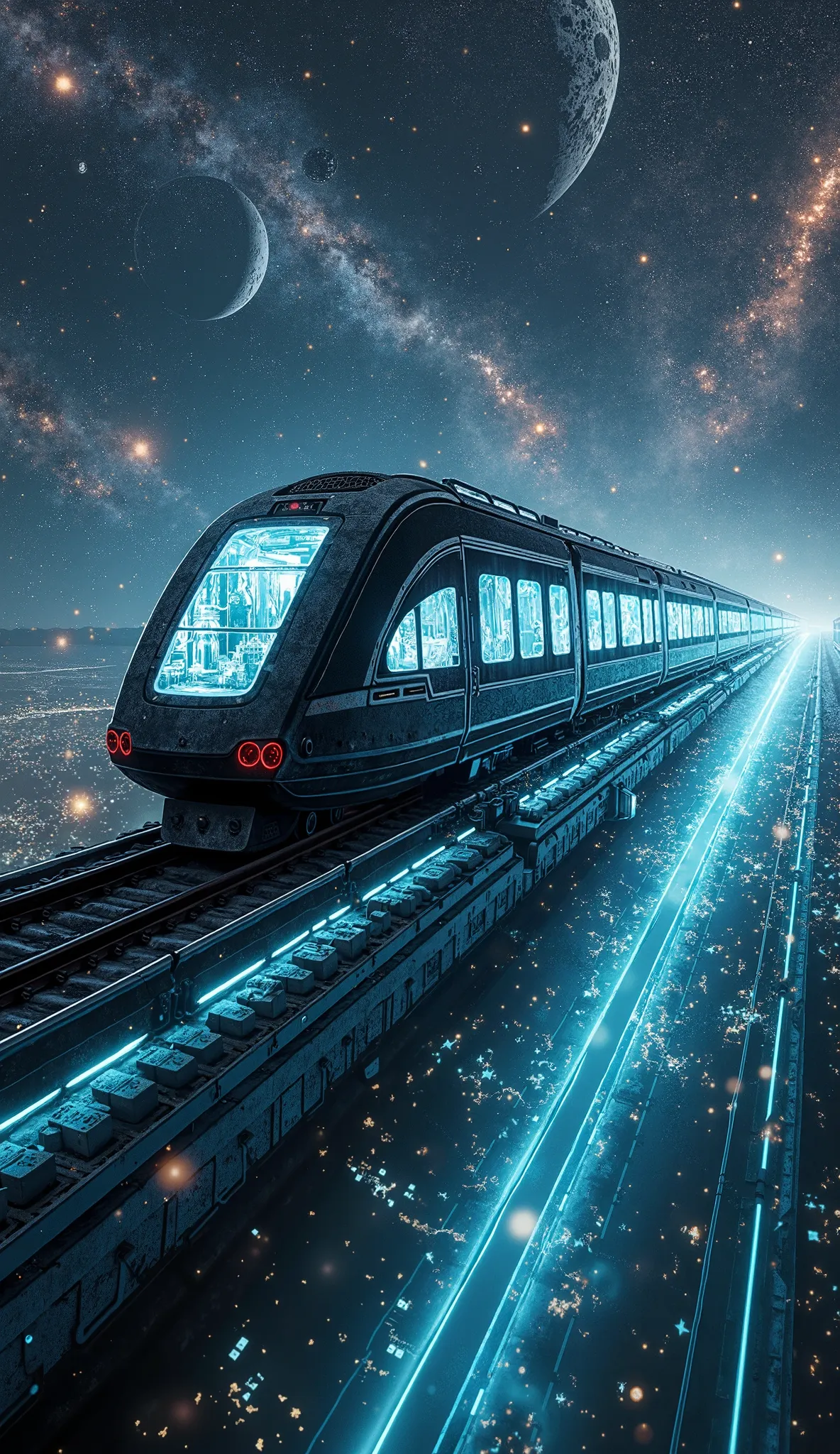 "A sleek, futuristic train made of dark metal and glowing cyan lines races through an endless galaxy, leaving a trail of shimmering cosmic dust. The windows reveal glimpses of different realities—ancient cities, distant planets, and glowing, mythical creat...