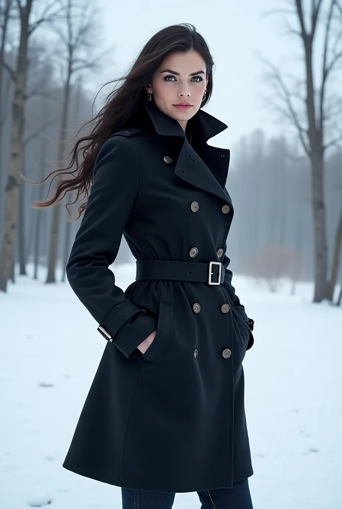 A strong Russian woman with long hair, wearing a dark trench coat, standing in front of a snowy backdrop.