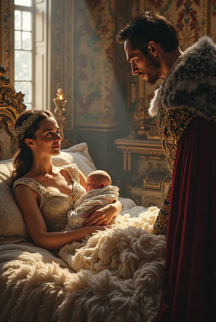 a queen holding a son and a daughter, they are babies, the queen is lying at the bed looking at her angry king, the king is standing at the side of the bed, there are two babies