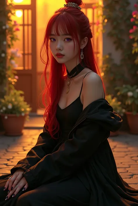 A beautiful and youthful Chinese girl, 22 years old, sits serenely in a courtyard illuminated by soft golden lights. Her striking features, including her perfect face with intricate red hair detailed with small intakes, captivate the scene. The long sleeve...