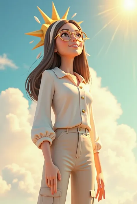 An adult woman wearing a long sleeve white blouse with cargo pants Light Ivory with round gold glasses with brown hair with light highlights long hair with a headband with the sun on top with a heel with the sun on the back with a 3D animation she is looki...