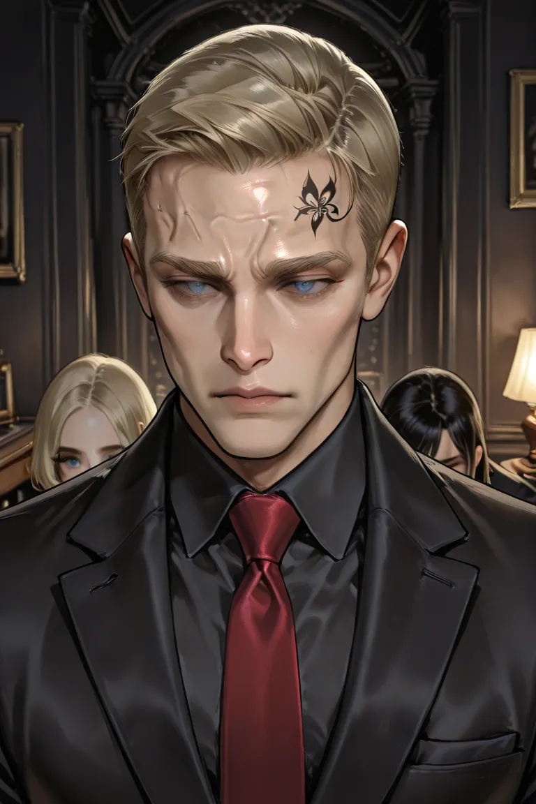 A russian man, blonde,slick back short hair with a few strands on his forehead, has blue eyes, wearing a black formal tailored suit,as he ties his red tie,masculine,in a dark opulent room,like his study room,very expensive.Has tattoos on his veiny hands.Mu...