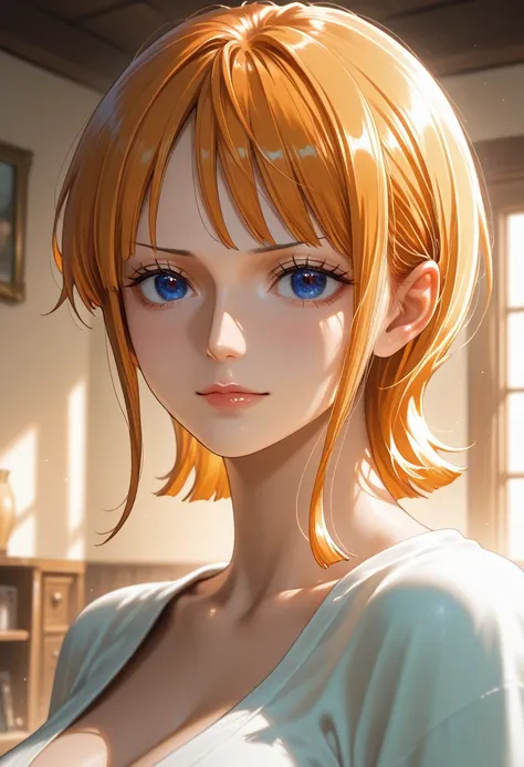 masterpiece, best quality, vibrant, very aesthetic, high contrast, photorealistic portrait,beautiful detailed face,detailed texture,detailed skin, newest,BREAK 1girl,source_one piece,kouduki hiyori,shirt,room,realistic lighting