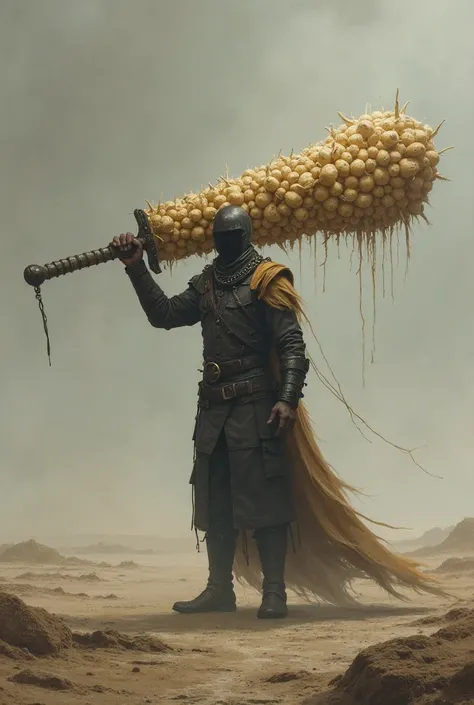 A man with a giant sword of potatoes 