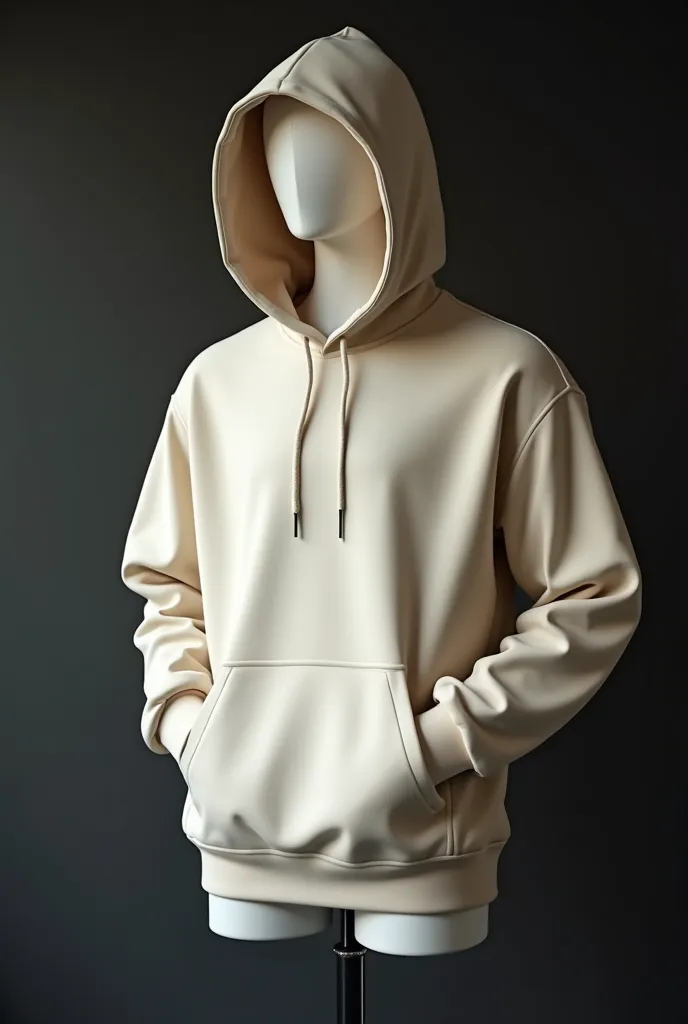 a hooded sweatshirt. male. cream-colored . without print. Lisa. clara.  Dark background. on a mannequin