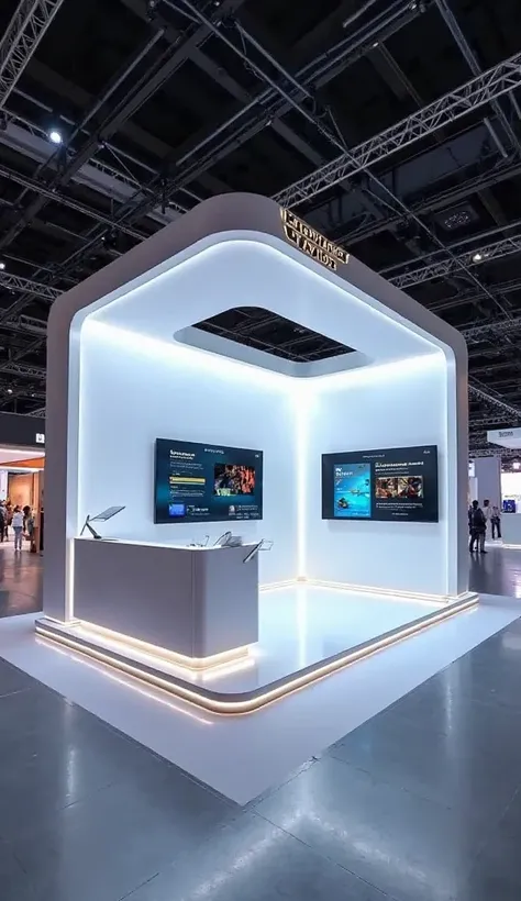 A modern, futuristic 3D booth design for an exhibition, featuring sleek metallic surfaces, LED lighting, and interactive digital screens. The booth has a minimalist aesthetic with clean lines, a spacious layout, and a welcoming entrance. The background is ...