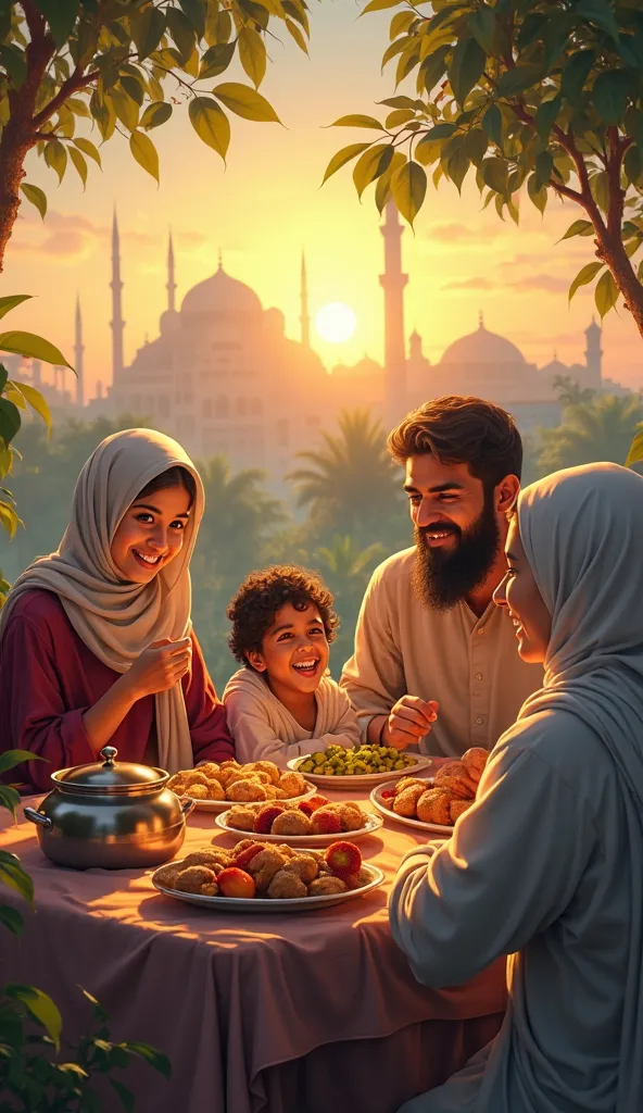 (Islamic) A bright, hopeful scene of the farmer and his family sitting together for iftar, smiling and thanking Allah. The table has simple but fulfilling food, and a mosque’s silhouette is visible in the distance under the twilight sky.
