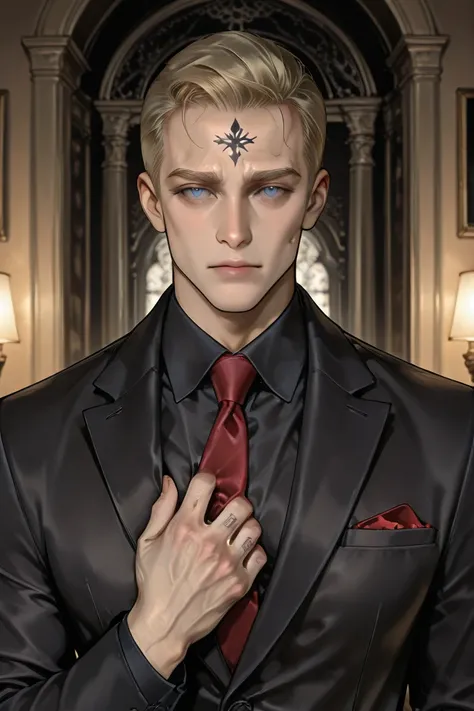 A russian man, blonde,slick back short hair with a few strands on his forehead, has blue eyes, wearing a black formal tailored suit,as he ties his red tie,masculine,in a dark opulent room,like his study room,very expensive.Has tattoos on his veiny hands.Mu...