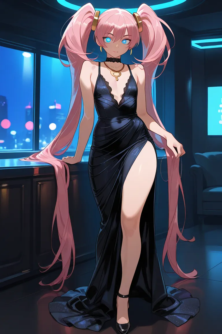 1male, femboy, a guy in girl clothes, no breasts, flat chest, curvy body, long twintail hair, blue eyes, pink hair, technowear outfit, long height, long legs, in a neon lighted room, luxury room, night, cozy atmosphere, choker necklace, spiral pupils, laye...