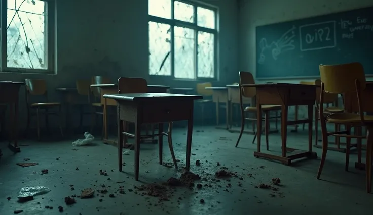 Create a hyper-realistic and emotionally intense image that captures a chilling and dramatic moment of terror in a typical Mexican classroom. The focus is on a dimly lit, eerie room, with rows of desks and chairs scattered haphazardly. Some chairs are brok...