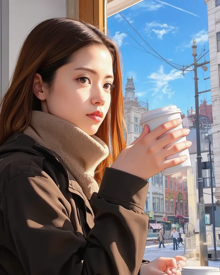 high resolution, rich contrast, best quality, Hasegawa Yui, (anime style), pop art,  Anime art,  1 girl , solo
BREAK
cafes, Window, One Woman, coffee cup, Looking Outside, Soft Light, winter, snow,  romantic,  warm atmosphere, (Waiting for Someone) 