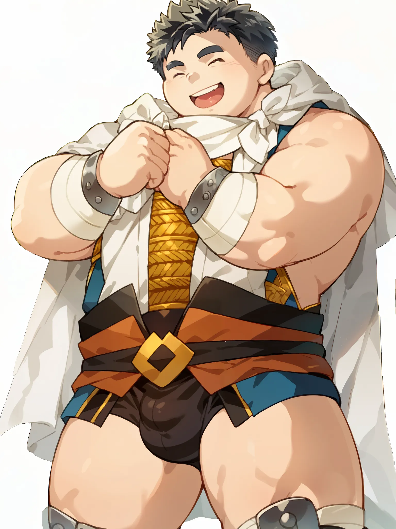 Echigo,Alone, for men,1 boy,only, transparent background , short hair,bulge,(closed my eyes),smile,plump, thighs, thick eyebrows,looking towards the viewer,thick  thighs,  black hair, muscular male, muscular,bandage,White Cape,open your mouth,standing BREA...