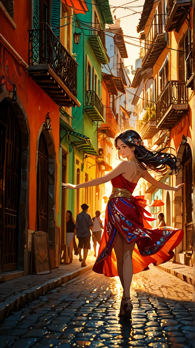 A stylish South American cityscape with colorful colonial-style buildings, cobblestone streets, and warm ambient lighting during the golden hour. The background features vibrant murals, street vendors, and people enjoying the lively atmosphere. In the cent...