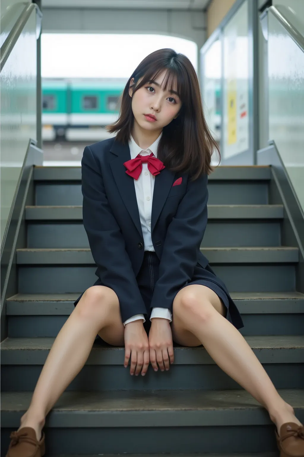 　 best image quality、score_9,  score_8_ up 、masterpiece、from below、1 Japanese girl、female high school students、uniform、 blazer、panties、Thigh Highlighted、loafers、sit、spread legs、 station stairs、