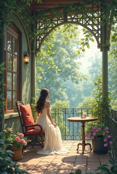 ((Highest quality)), ((masterpiece)), ( exhaustive), 1 girl, Waiting for Someone ,A girl sitting on a chair waiting for someone on the terrace of a cafe in a natural park