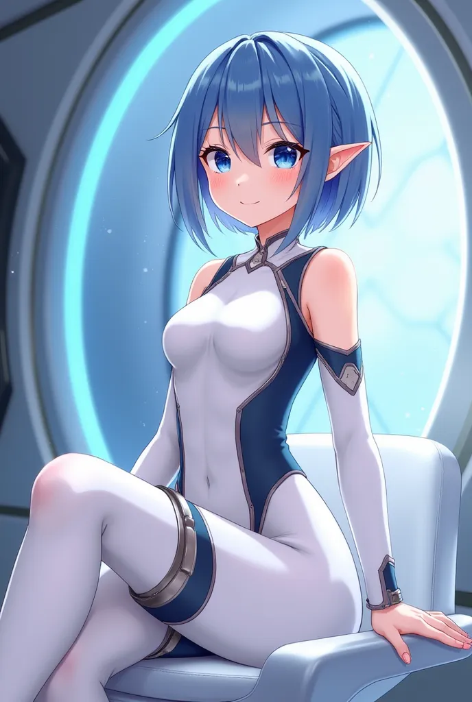 1girl, girl, blue eyes, blue hair, cute short hair, elf ears, hair between eyes, tight white sleeveless leotard, spaceship background, sitting on modern white chair, navy blue sides on leotard suit, smiling, off-shoulder sleeves, anime,
highly_detailed, Be...