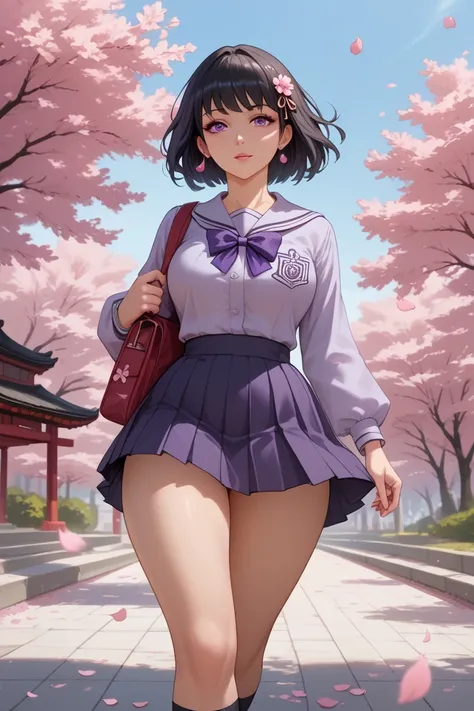 A Japanese woman with big boobs, big butt and long black hair in a school uniform is walking gracefully in front of Japan's beautiful cherry blossoms and temples．I'm wearing purple clothing with a cherry blossom pattern cut out on the lower part of my body...