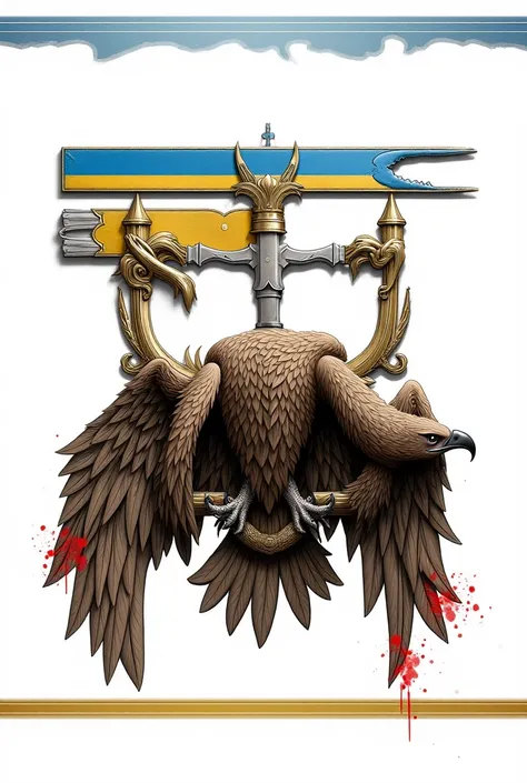 double-headed eagle fallen on ukrainian trident (coat of arms of ukraine), bleeding with heads down on white background without text