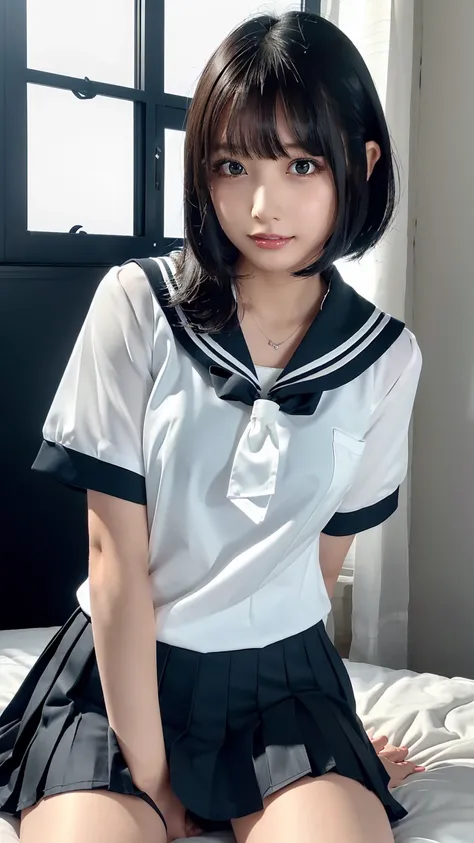 ((masterpiece, Highest quality, Hi-Res, Ultra High Definition)),  Japanese high school girl,(realistic:1.5)、smiles、great face、closed mouth、 sharp mouth、Glossy Lips 、short hair,(beautiful black hair:1.5)、(( school uniform, White Short Sleeve Sailor Suit,sai...