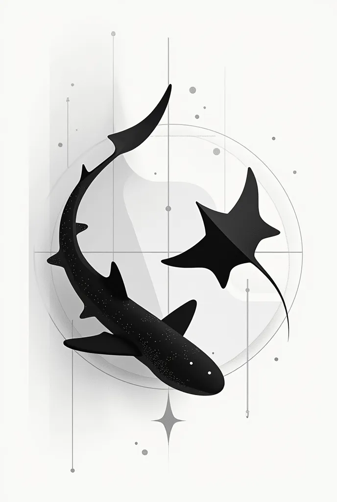 Create an image with Gestal's law as a background figure, with 2 aquatic animals that would be a whale shark and a mantaray in only two colors black and white, very simplified 