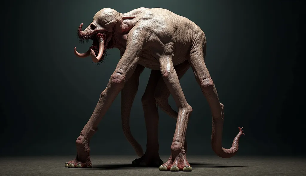 A mutant human being painfully transforming into an elephant, 3d realistic,  highly detailed features 