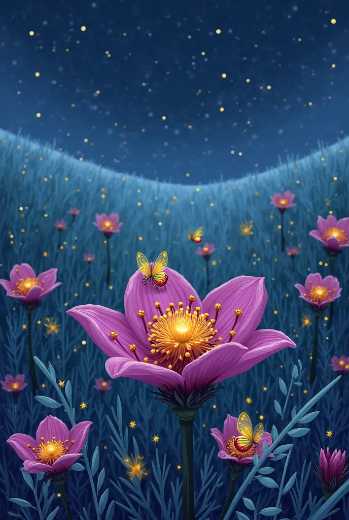 pasture, design a very bright fireflies perched on a blackberry flower. This coconut and blackberry must be designed to vary the scenes in the story, using the same character with different actions. The image should look like a cartoon or made by ren 