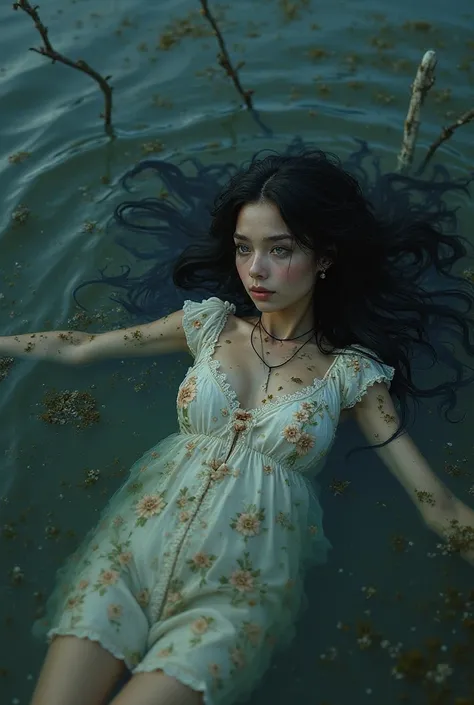 Close-up full figure of a  with black hair, Long a bit curly, her skin is olive, She has white eyes. She has a white dress with flowers. Her body is upside down in the dirty, the water is that of a putrid swamp, Dirty full of algae and branches that come o...