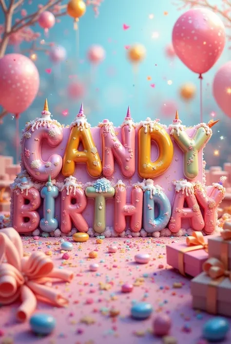 "A horizontal greeting card (aspect ratio 16:9) depicting a colorful and whimsical birthday celebration in the style of Candy Land. In the center - in large inflated letters in a 3D effect - stands the word "HAPPY BIRTHDAY" written in inflatable 3D text wi...