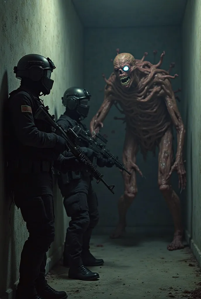 The image would show three soldiers dressed completely in black., With tactical equipment, leaning against a wall in combat posture. They are holding their M4A1 rifles firmly, pointing to the other side of the wall, where a terrifying monster lurks.

The m...