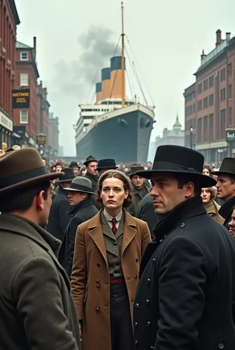 A bustling scene at the docks on the day of the Titanic's departure, filled with passengers and spectators dressed in early 1910s period clothing. The colossal ship dominates the background, with its smokestacks releasing dark plumes. The crowd wears wool ...