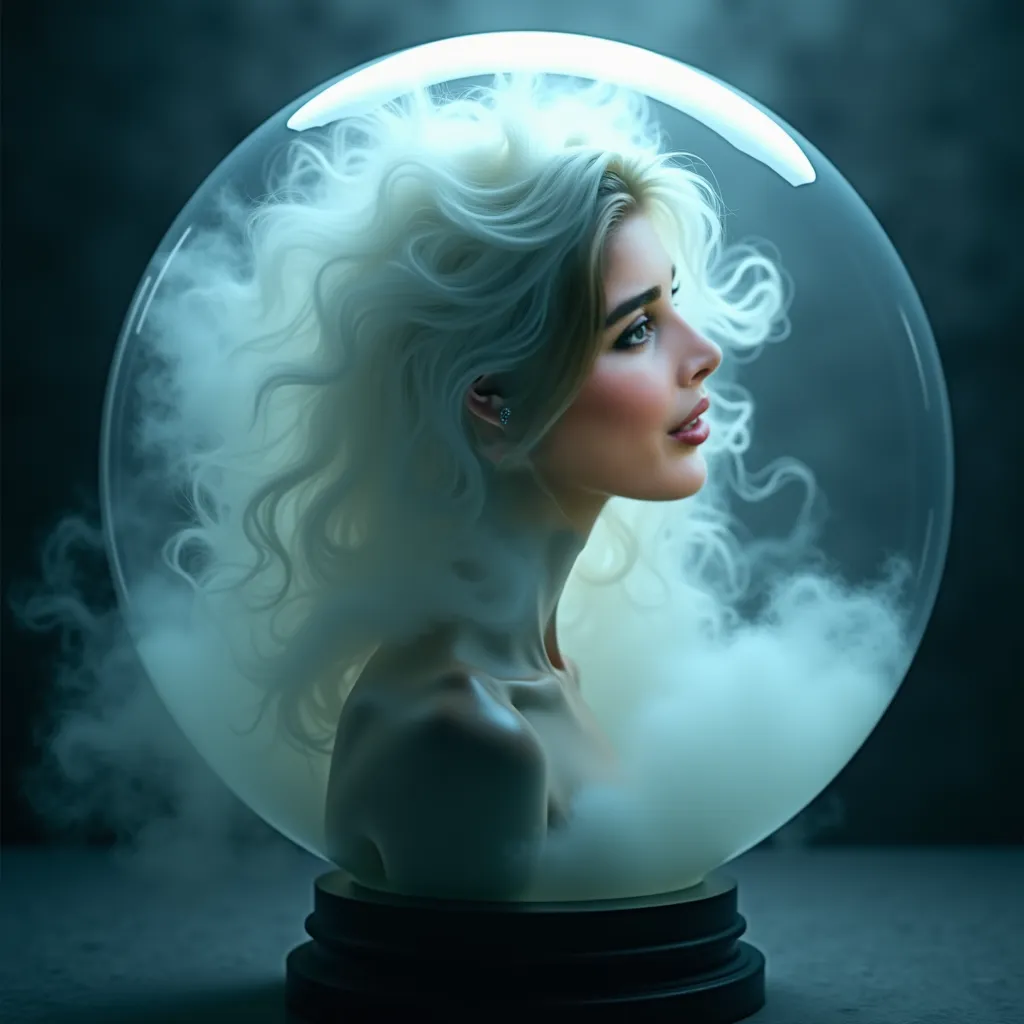 fantasy, a mysterious woman in a glass sphere, created by mystical and mysterious mist, skin made by fog, (best quality,4k,8k,highres,masterpiece:1.2),ultra-detailed,(realistic,photorealistic,photo-realistic:1.37),hyperrealistic, intricate details, cinemat...