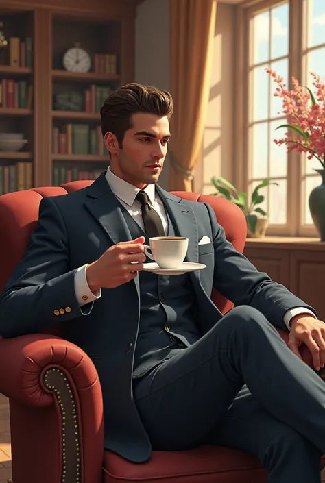 Create a gentleman sitting down drinking coffee 