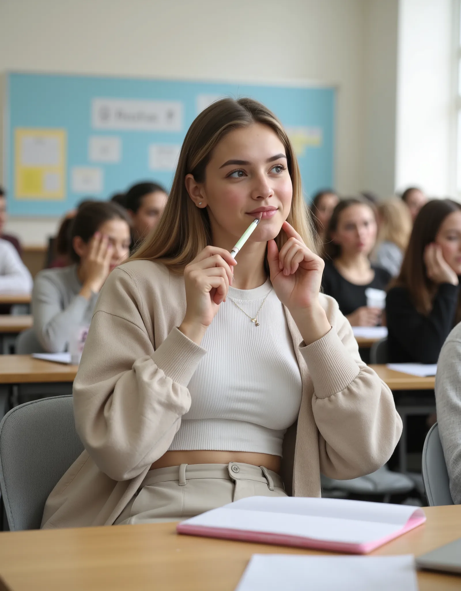 Eden, a 23-year-old university student from Hamburg, tall and slender with long, dark blonde hair, sitting in a bright, modern lecture hall. She wears a cute pastel cardigan over a white crop top, paired with high-waisted wide-leg trousers. She holds a pen...