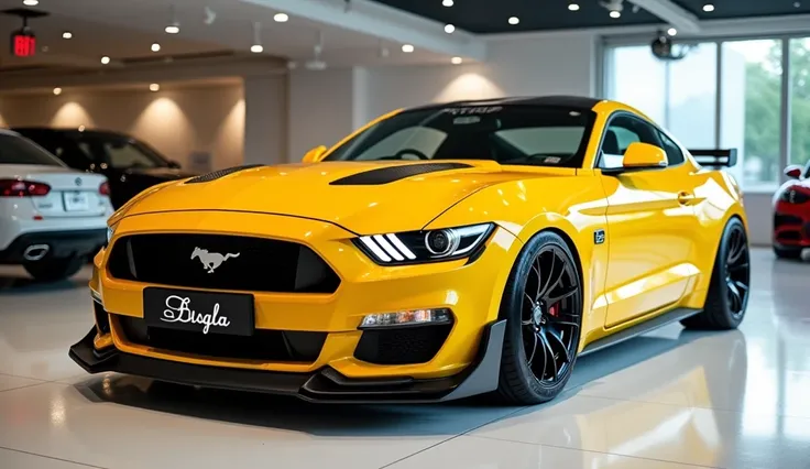 "Full interior view of painted yallow with shiny color 2025 Ford Mustang in sleek large shape sedan in large size with Ford logo on its large detailed steering in shiny white color with angular sporty dashboard design captured from close full interior view...