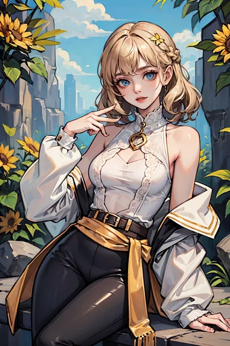 unique protagonists in an outside rocks environment This one is a young woman with fair skin, blue eyes, and curly blonde hair pinned half-up with some pieces framing her face. For her clothing, she wears an off the shoulder, poofy sleeved cream top that i...