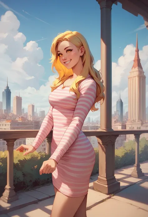 1girl, yellow hair, pink dress, orange eyes, striped dress, long sleeves, smile, freckles, smile, best quality, masterpiece, standing, day, city, 