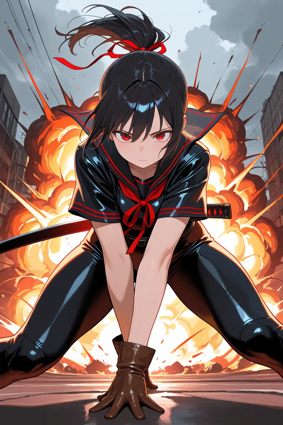 masterpiece, best quality, amazing quality, front view, 1girl, solo, short hair, black hair, ponytail hair with red ribbon, red eyes, black and red sailor uniform, short sleeve, (leather gloves), superhero landing pose, holding weapon, katana, wind,explosi...