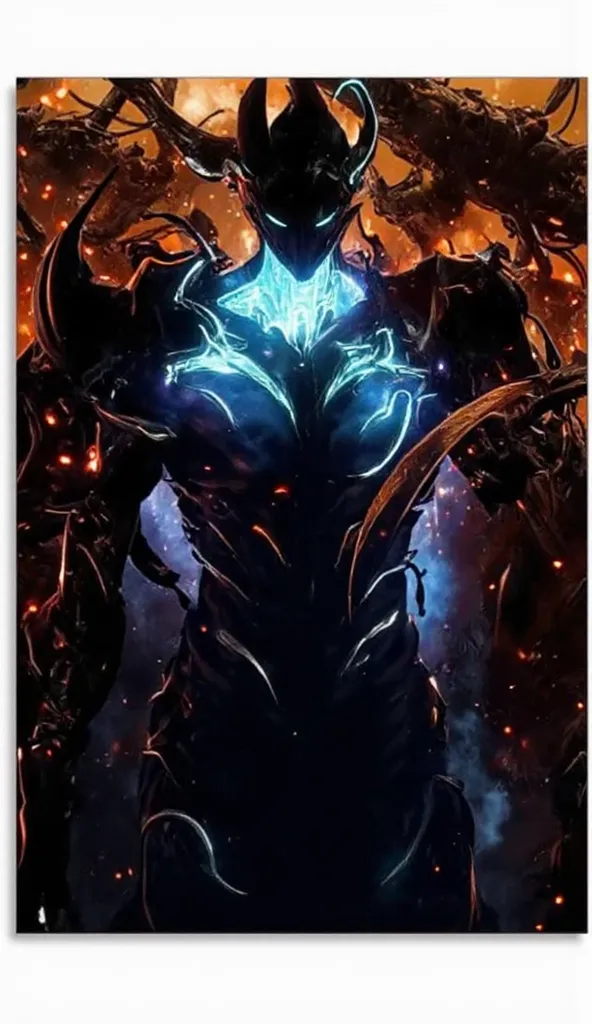 "A dark armored warrior standing in a fiery battlefield, illuminated by glowing blue energy veins running through the armor. The figure has a menacing presence, with sharp, angular armor plates and a helmet that obscures its face, making it look mysterious...