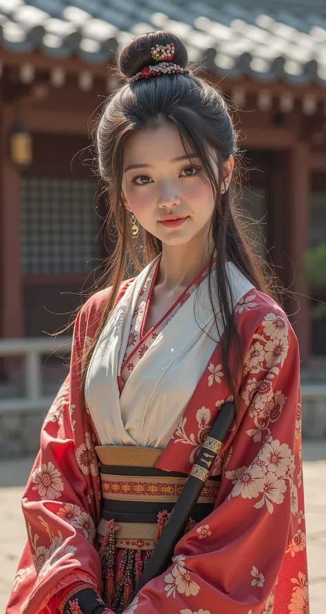 Japanese beauty, 20 years old，Slim and cute、The side of the chest is raised.、Eye slits、I can see from head to toe.，The chest is very large.、The background is a Japanese castle.、High quality photos、clear, Sharp lower body image、Masterpiece 8K、smile、Kunoichi...