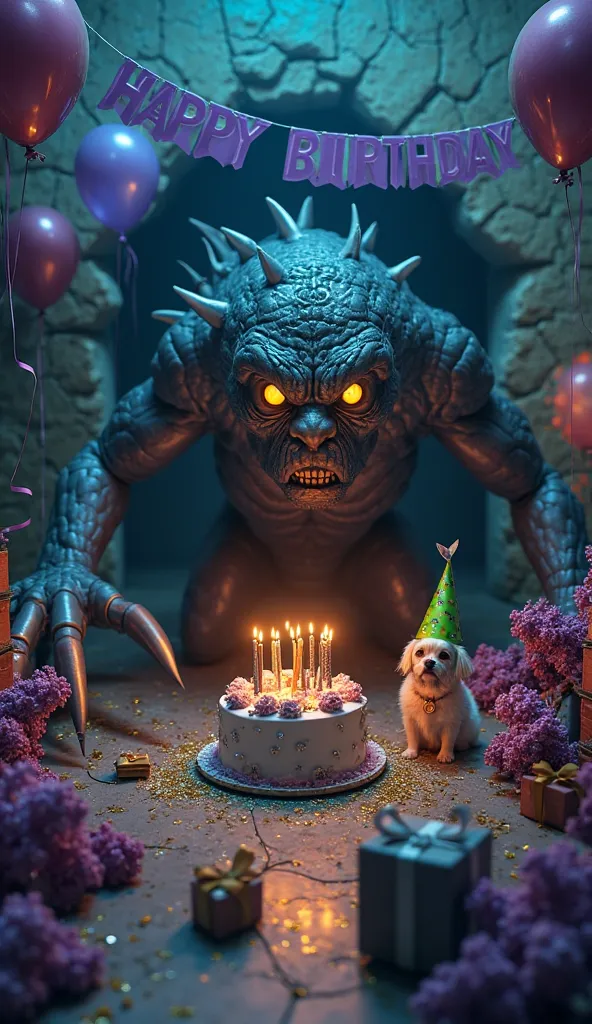  A birthday party in a surreal and dark environment . In the background, a colossal, terrifying monster with bright yellow eyes and silver claws rips through a cracked wall. festive decorations, como um banner de 'Happy Birthday' em tons de azul e dourado,...