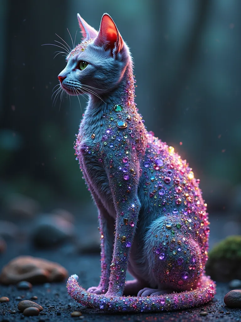 Adult slim cat, The entire body is decorated with many different gemstones, Night, dark, bright berry tones, ocean blue,  black, neon green, very realistic,  mystical atmosphere , looks very graceful, modern, Nass, Shimmer effects