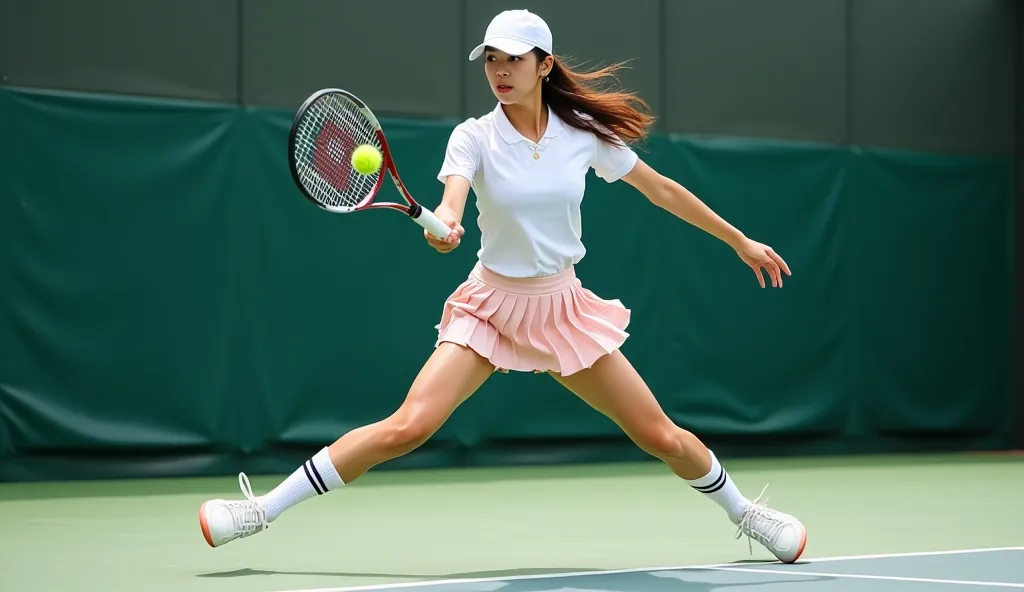 a full body shot of a tennis player, realistic image, detailed image, detailed background, young chinese woman, white skin, realistic skin, red lips, light brown hair, straight hair, long hair, healthy body, big breasts, detailed face, very thin waist, hea...