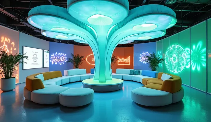 Innovation Hub: A futuristic, creative space featuring modular furniture that mimics the organic form of a lotus. Digital whiteboards, petal-shaped LED lighting, and interactive walls with customizable logo projections. The color scheme is vibrant, with bo...