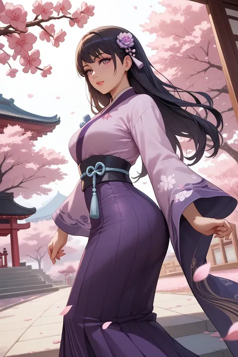 A Japanese woman with big boobs, big butt, dark hair long hair in a long western skirt is walking gracefully in front of Japan's beautiful cherry blossoms and temples．I'm wearing purple clothing with a cherry blossom pattern cut out on the lower part of my...