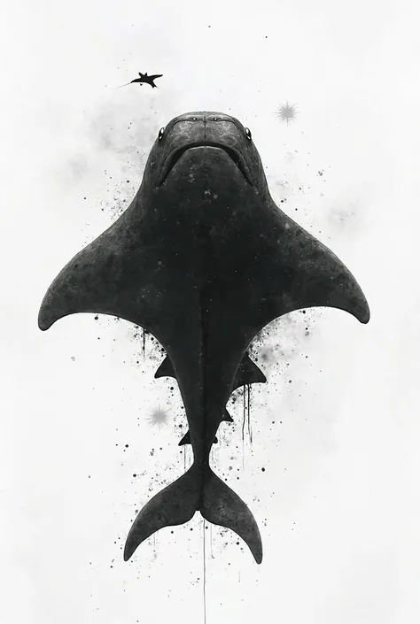 Create a composition where the shape of a manta ray in turn forms the shape of a whale shark outside the body in black and white , applying the concept of background figure 