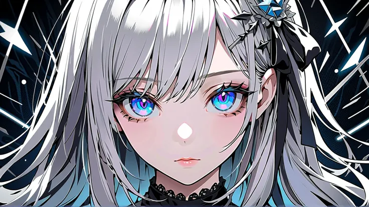 ( digital art :0.2),(Geometric Art:1.7),(Highest quality),(masterpiece), delicately drawn face ,a girl with a beautiful face, blue eyes with beautiful details,GOTHIC LOLITA FASHION,((Black and White Costumes )),( Beautiful Silky Silver Hair :1.2),Black rib...