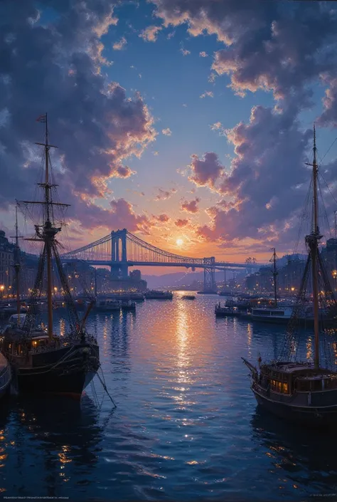 An exquisite oil painting of a harbor city at twilight, evoking a sense of mesmerization, melancholy, and nostalgia. The cityscape is illuminated with warm, golden hues, while the sky above blends from deep indigo to the palest lavender. The harbor glimmer...