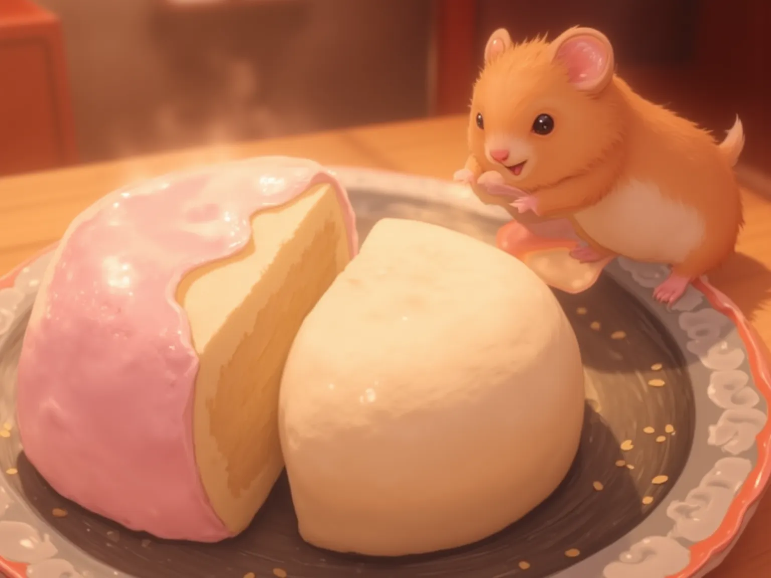 Hemispherical tofu, tofu shaped like boobs, tofu as pretty as boobs, tofu with pink top like boobs, tofu on a plate, hamster eating tofu, cute, (incredible high resolution, masterpiece, best quality, highly detailed, CG, high quality anime picture,)