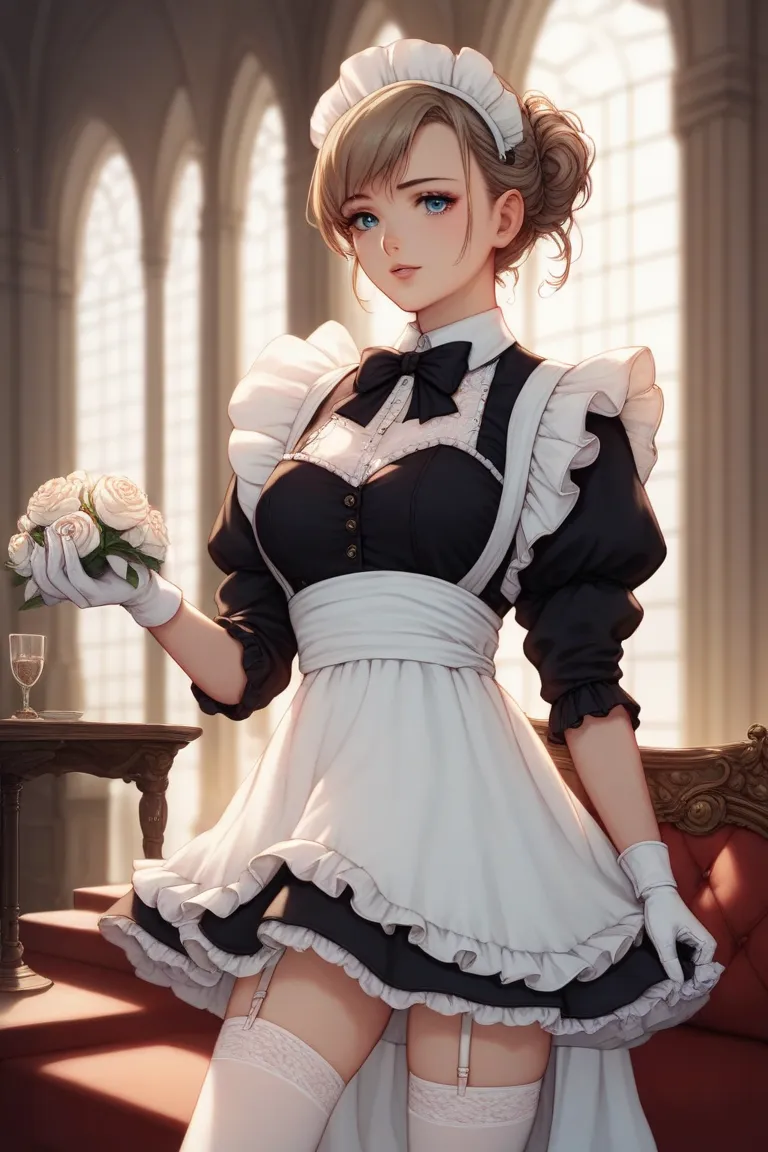 maid， white stockings  ， White Gloves ，  Anime Girl