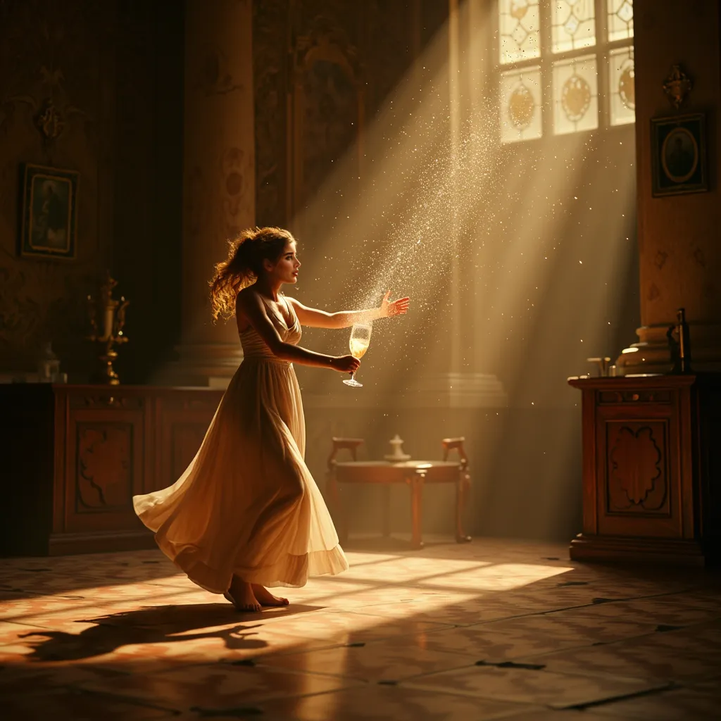 High Resolution, High Quality, Masterpiece. Hermione briskly knocking over a champagne glass, sparks an ethereal transformation of the environment into a fantastical Friday ambience, champagne droplets captured in mid-flight, refracting the scene’s soft, v...